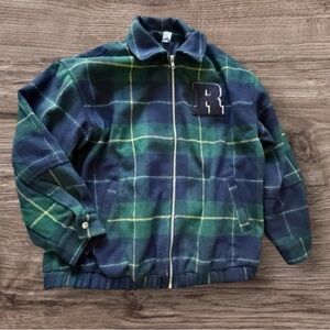 H&M Plaid Zip-Up Jacket Wool Polyester Letter Patch Size S Womens Green Blue